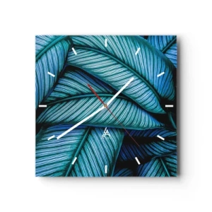 Reloj de pared - Reloj de vidrio - Una toma de primer plano de hojas turquesas con vívidos detalles. - 30x30cm - Líneas de vida - Decoración de pared moderna para salón y dormitorio ARTTOR