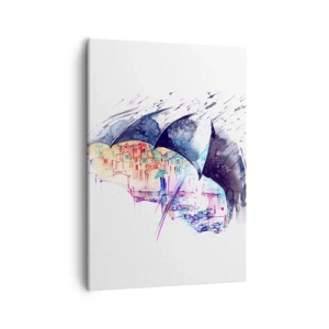 Cuadro sobre lienzo - Impresión de Imagen - Una ciudad colorida escondida bajo paraguas abstractos - 50x70cm - Caminando bajo la lluvia - Decoración de pared moderna para salón y dormitorio ARTTOR