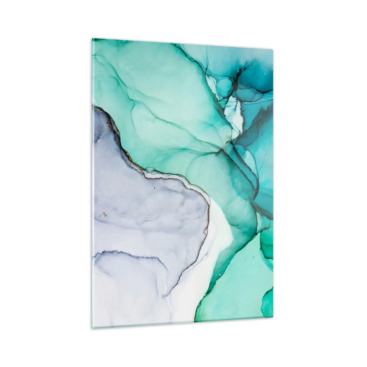 Cuadro sobre vidrio - Impresiones sobre Vidrio - Un cuadro abstracto en tonos turquesa y blanco, con delicadas grietas. - 50x70cm - Estudio en turquesa - Decoración de pared moderna para salón y dormitorio ARTTOR
