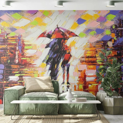 Fotomural Premium Sand - Juntos a través de la noche y la lluvia - Abstracción, Pareja enamorada, Caminar en la lluvia - 300x210 cm