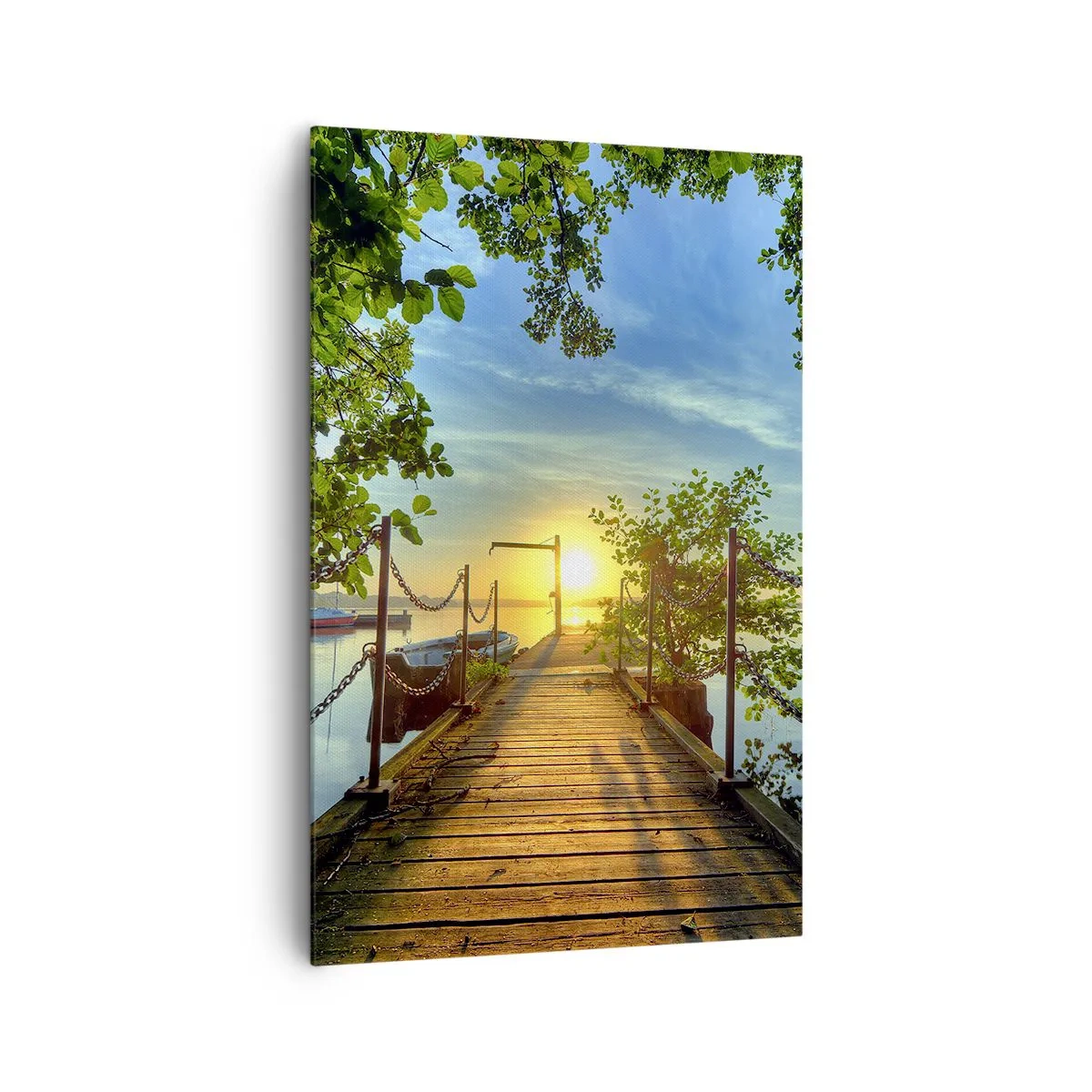 Cuadro sobre lienzo - Impresión de Imagen - Un muelle sobre el lago bajo los rayos del atardecer. - 80x120cm - Atardecer junto al agua - Decoración de pared moderna para salón y dormitorio ARTTOR