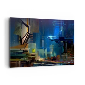 Cuadro sobre lienzo - Impresión de Imagen - Ciudad futurista de noche con luces de neón y un vehículo volador. - 120x80cm - En un futuro próximo - Decoración de pared moderna para salón y dormitorio ARTTOR