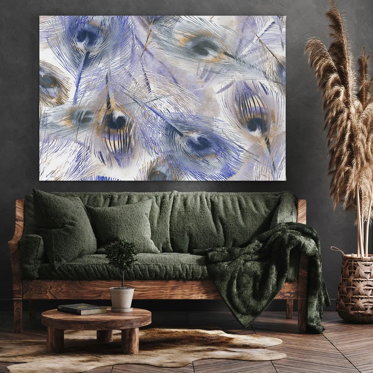 Cuadro sobre lienzo - Impresión de Imagen - Un patrón con plumas de pavo real en tonos azules y dorados. - 70x50cm - Composición - Decoración de pared moderna para salón y dormitorio ARTTOR