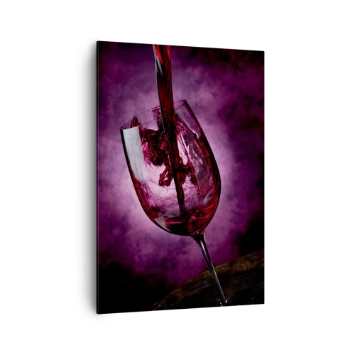 Cuadro sobre lienzo - Impresión de Imagen - Vino tinto vertido en una copa sobre un fondo de humo púrpura. - 70x100cm - ¿Escarlata? ¿Carmín? No, rubí. - Decoración de pared moderna para salón y dormitorio ARTTOR
