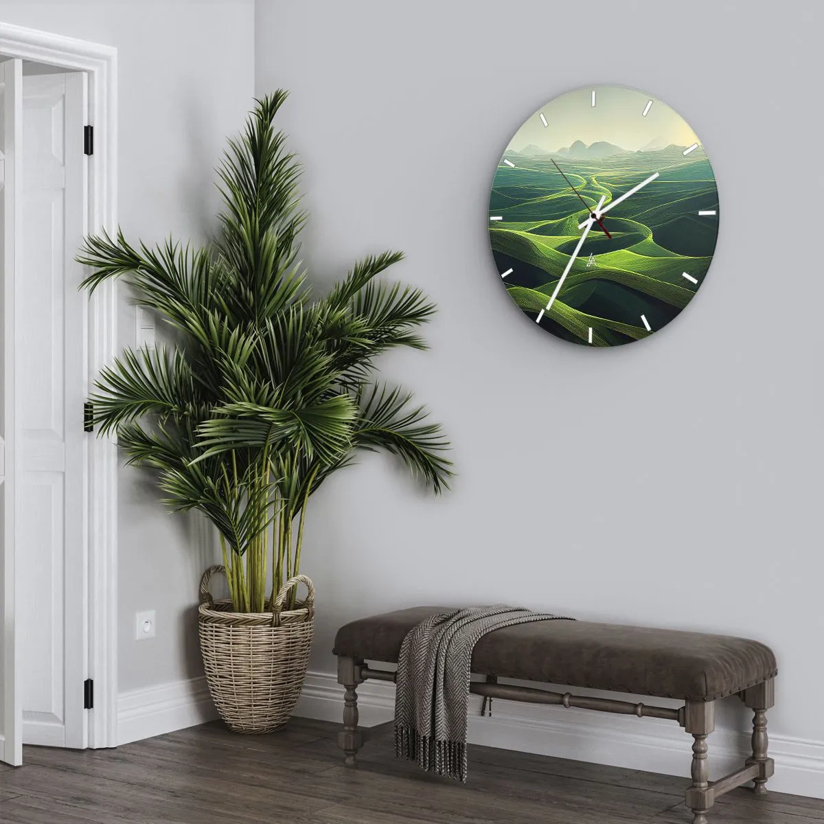 Reloj de pared - Reloj de vidrio - Valles y colinas verdes en un enfoque artístico del paisaje - 30x30cm - Valles en tonos verdes - Decoración de pared moderna para salón, cocina y dormitorio ARTTOR