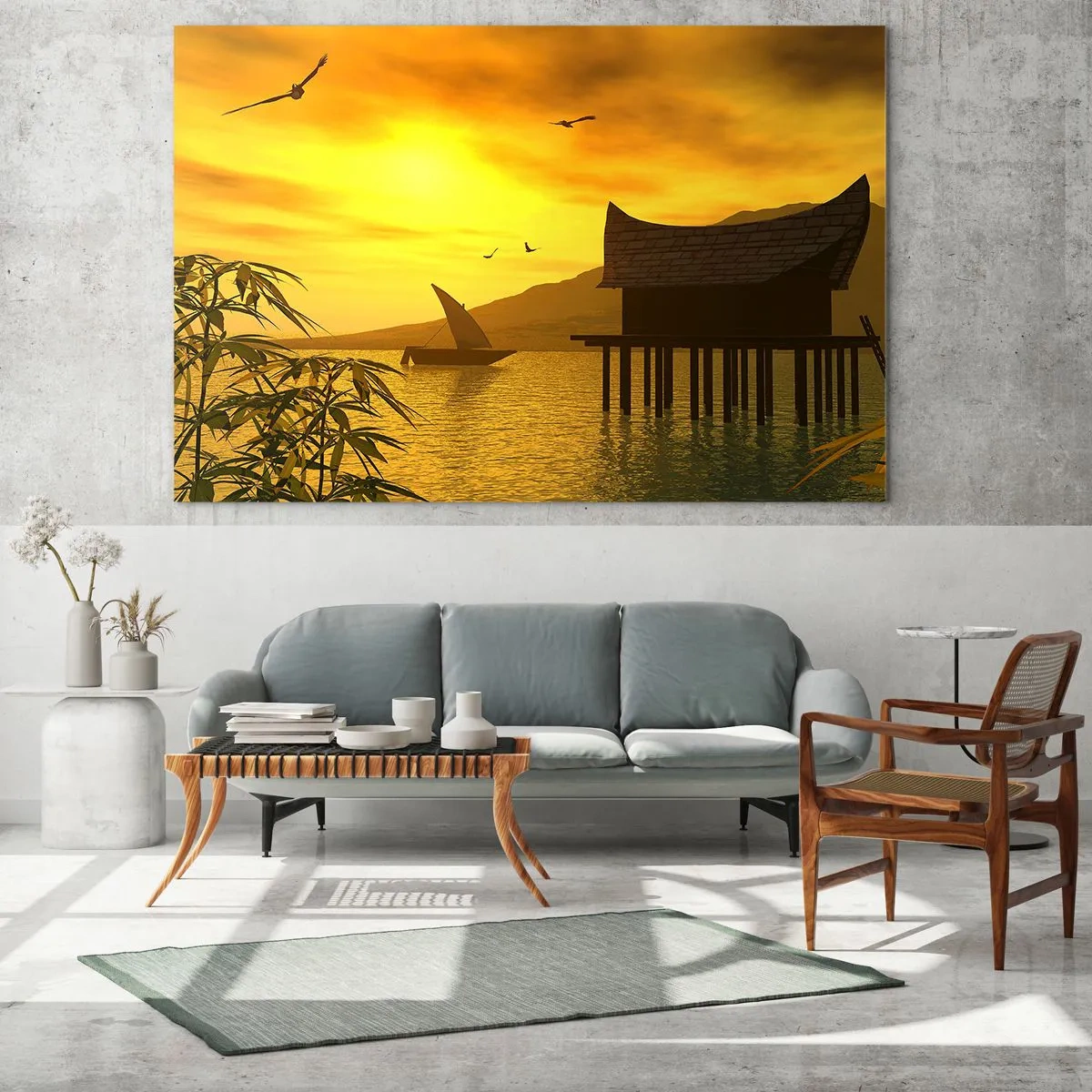 Cuadro sobre vidrio - Impresiones sobre Vidrio - Puesta de sol sobre el lago con una casa sobre pilotes - 70x50cm - La ansiada paz - Decoración de pared moderna para salón y dormitorio ARTTOR