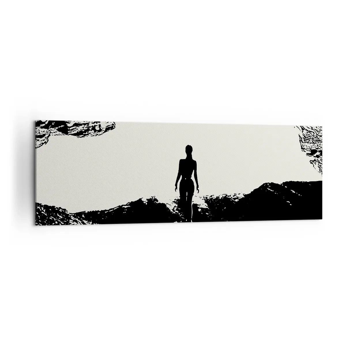 Cuadro sobre lienzo - Impresión de Imagen - Silueta en blanco y negro de una mujer en una cueva contra el cielo - 160x50cm - Una nueva mirada - Decoración de pared moderna para salón y dormitorio ARTTOR