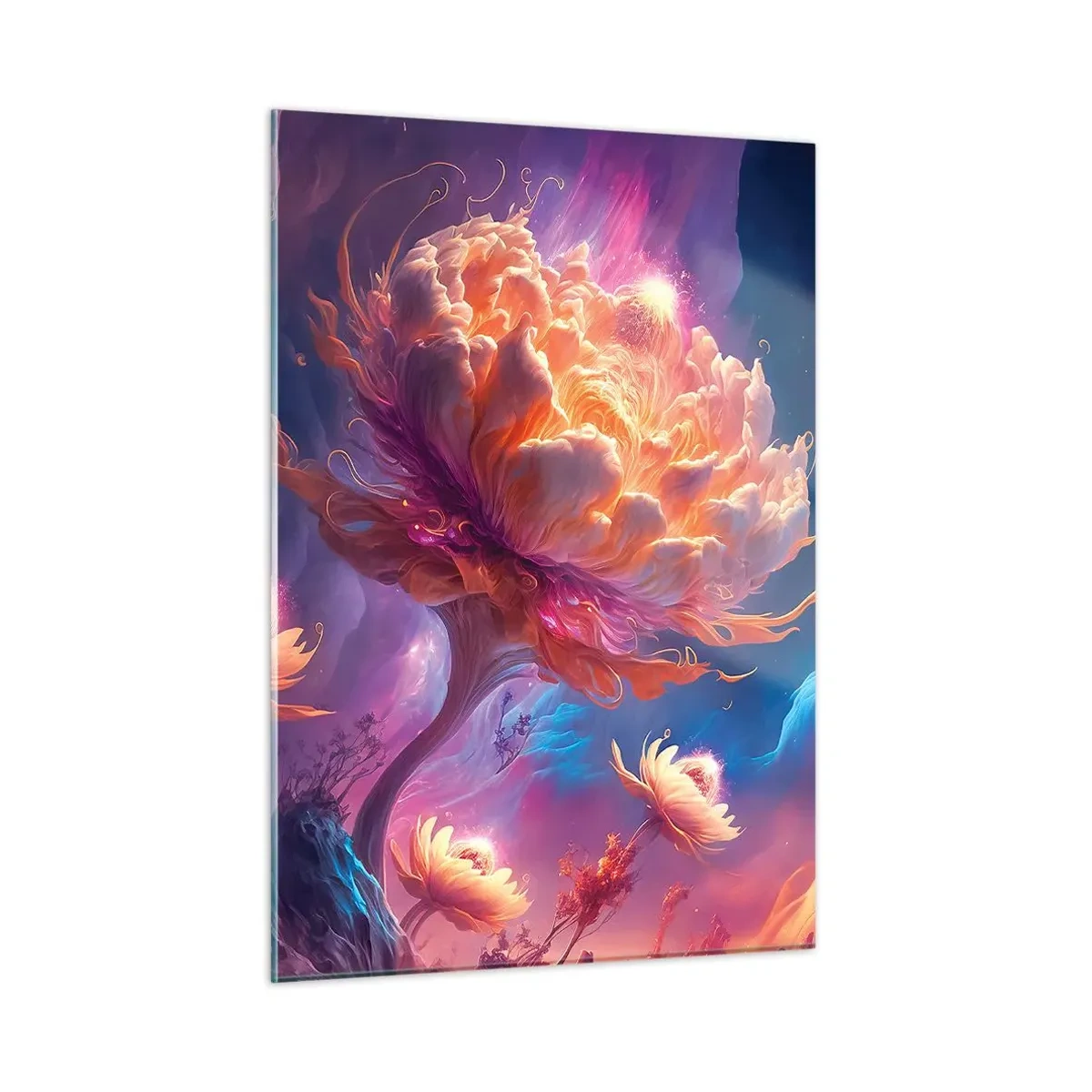 Cuadro sobre vidrio - Impresiones sobre Vidrio - Una flor fantástica flotando en un entorno cósmico. - 50x70cm - Otro mundo - Decoración de pared moderna para salón y dormitorio ARTTOR