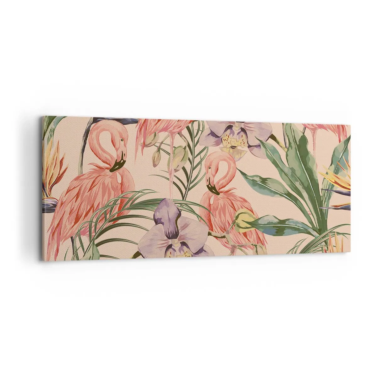 Cuadro sobre lienzo - Impresión de Imagen - Flamencos y flores tropicales sobre un fondo claro. - 120x50cm - Un ballet rosa en flores - Decoración de pared moderna para salón y dormitorio ARTTOR