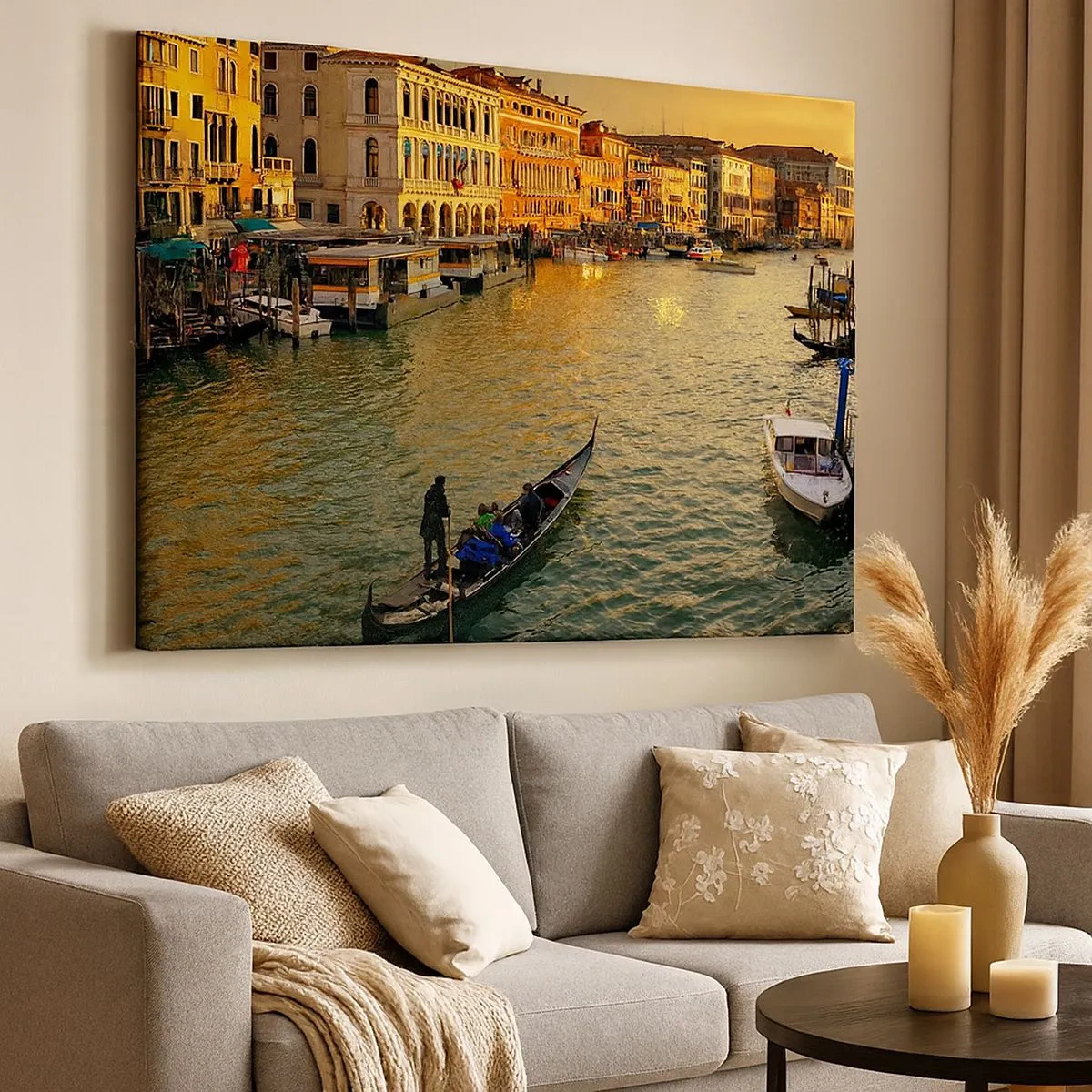 Cuadro sobre lienzo - Impresión de Imagen - Góndola en un canal de Venecia al atardecer - 70x50cm - En el lado soleado de la calle - Decoración de pared moderna para salón y dormitorio ARTTOR