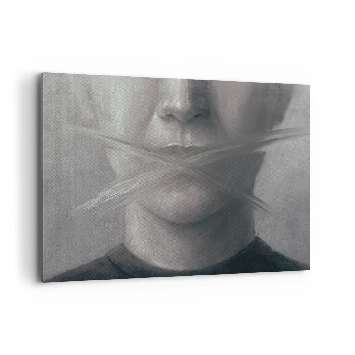 Cuadro sobre lienzo - Impresión de Imagen - Un retrato simbólico con labios difuminados en tonos grises. - 120x80cm - Ni una palabra - Decoración de pared moderna para salón y dormitorio ARTTOR