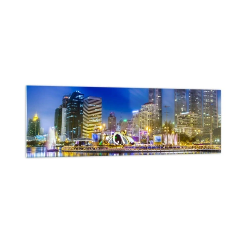 Cuadro sobre vidrio - Impresiones sobre Vidrio - Panorama nocturno de la ciudad con luces reflejadas en el agua. - 160x50cm - La noche del arco iris de la metrópoli - Decoración de pared moderna para salón y dormitorio ARTTOR