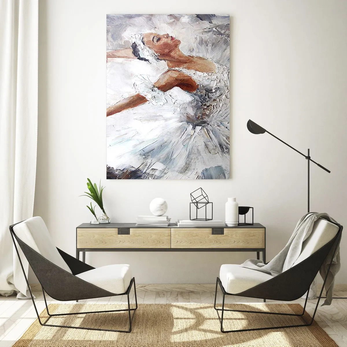 Cuadro sobre vidrio - Impresiones sobre Vidrio - Una bailarina con un traje blanco en una pose dinámica. - 50x70cm - Suave y ligera - Decoración de pared moderna para salón y dormitorio ARTTOR