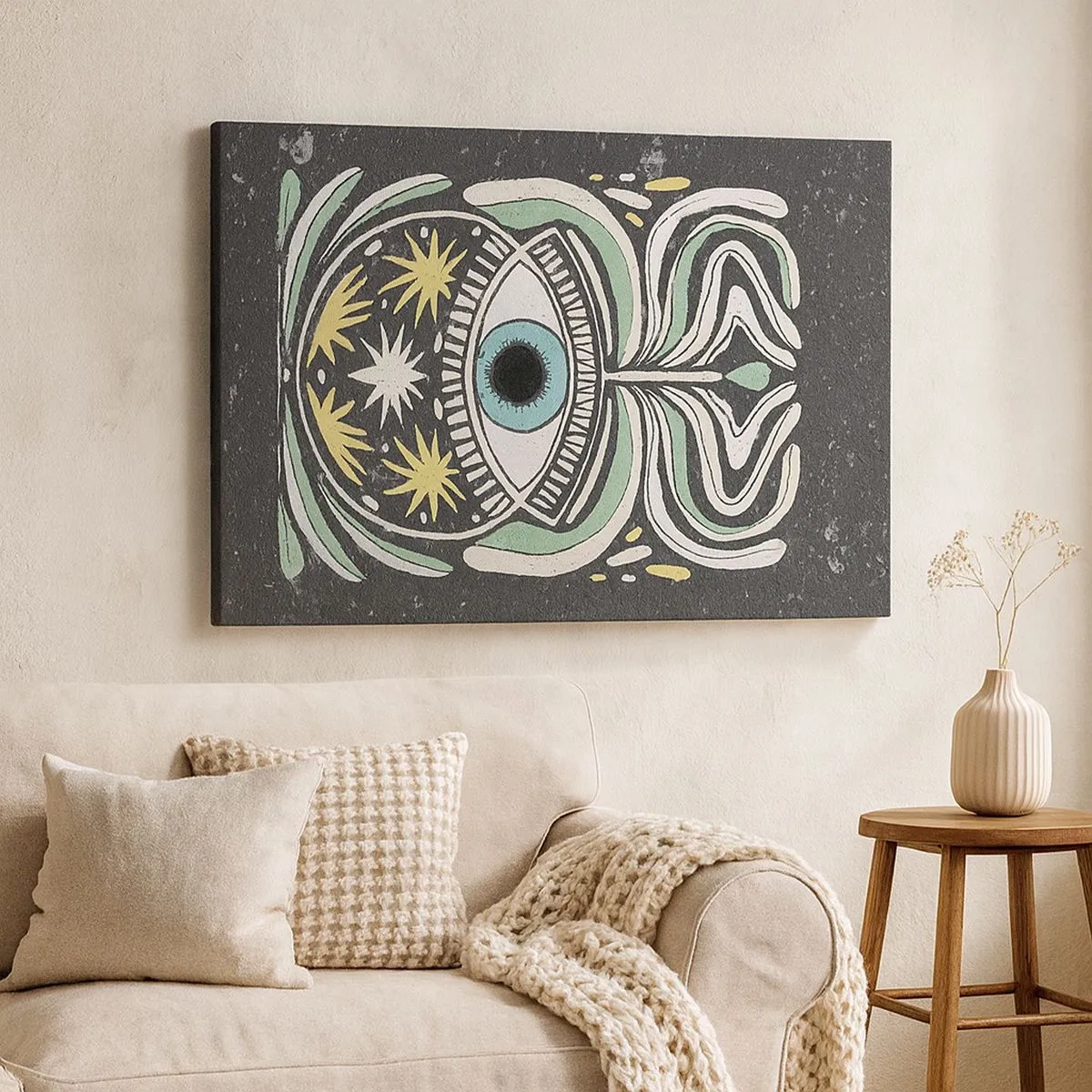 Cuadro sobre lienzo - Impresión de Imagen - Un ojo simbólico rodeado de patrones abstractos. - 70x50cm - Rituales tribales - Decoración de pared moderna para salón y dormitorio ARTTOR