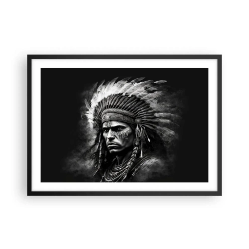 Póster en marco negro - Retrato de un jefe con un tocado de plumas sobre un fondo negro - 70x50cm - Líder y guerrero - Decoración de pared moderna para salón y dormitorio ARTTOR