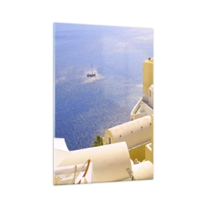 Cuadro sobre vidrio - Impresiones sobre Vidrio - Arquitectura griega con vistas al mar y un barco al fondo. - 70x100cm - Paisaje griego en blanco y azul - Decoración de pared moderna para salón y dormitorio ARTTOR