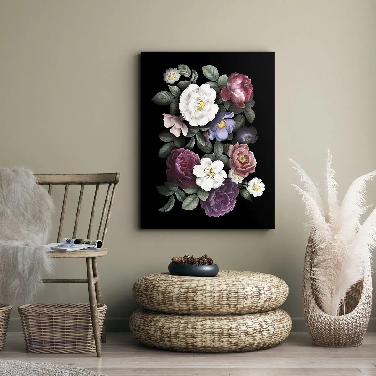 Cuadro sobre lienzo - Impresión de Imagen - Flores en varios colores sobre fondo negro. - 80x120cm - De un jardín inglés - Decoración de pared moderna para salón y dormitorio ARTTOR