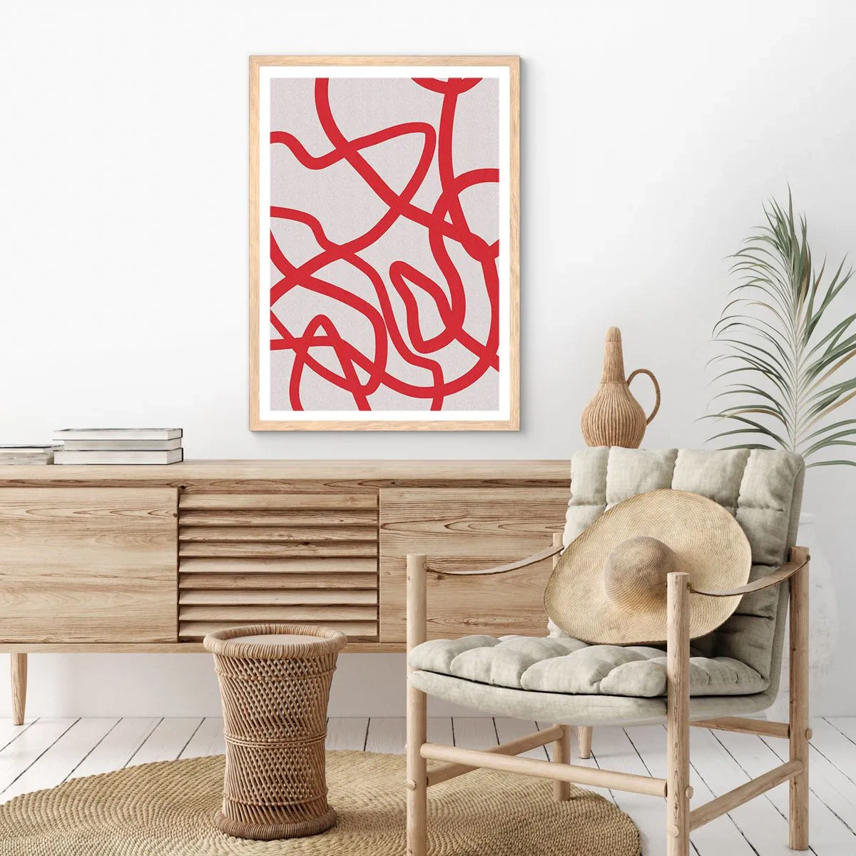 Póster en marco roble claro - Rojo sobre blanco - 50x70 cm