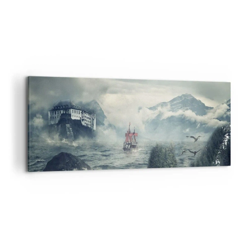 Cuadro sobre lienzo - Impresión de Imagen - Un paisaje misterioso con un castillo, montañas y un barco. - 120x50cm - En aguas mágicas - Decoración de pared moderna para salón y dormitorio ARTTOR