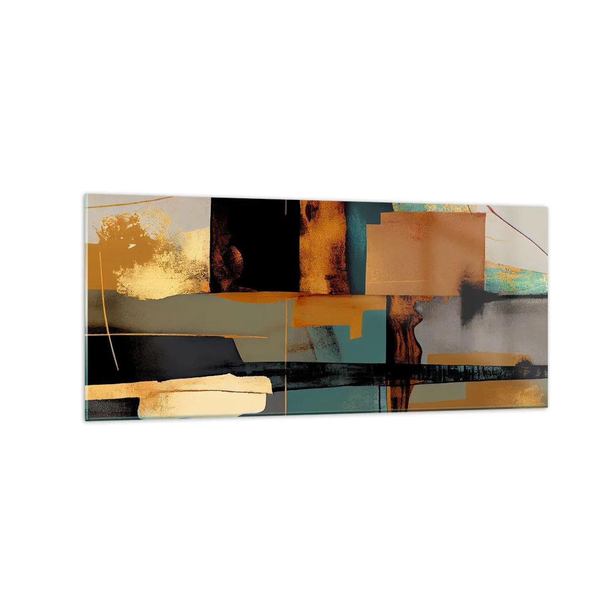 Cuadro sobre vidrio - Impresiones sobre Vidrio - Composición abstracta con elementos dorados y turquesas. - 120x50cm - Abstracción: luces y sombras - Decoración de pared moderna para salón y dormitorio ARTTOR