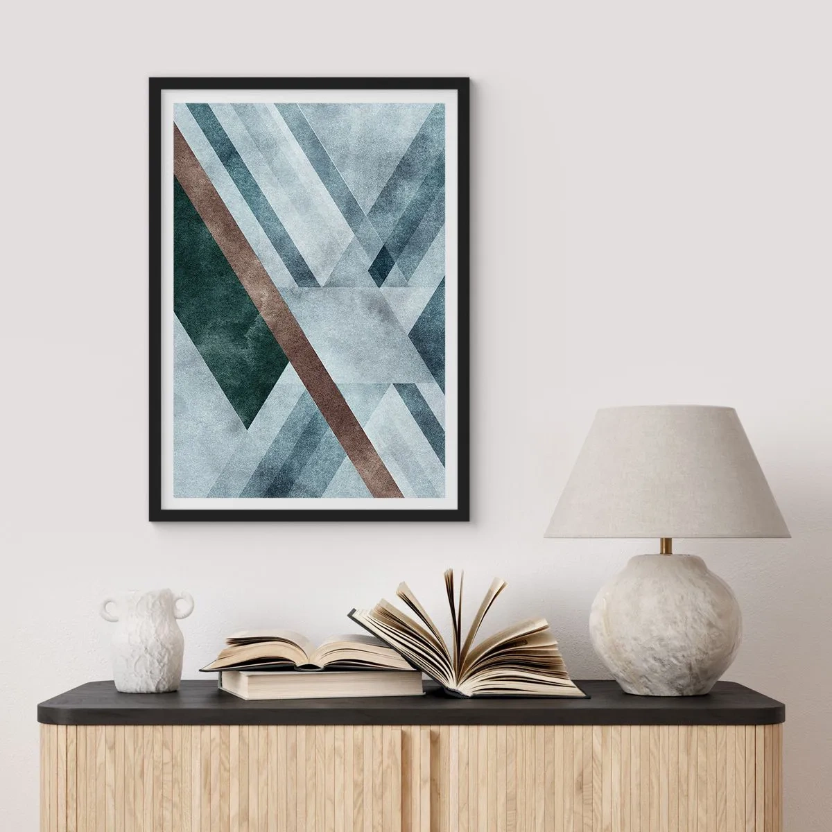 Póster en marco negro - Composición geométrica en tonos azules y marrones. - 50x70cm - Sofisticada elegancia de la geometría - Decoración de pared moderna para salón y dormitorio ARTTOR