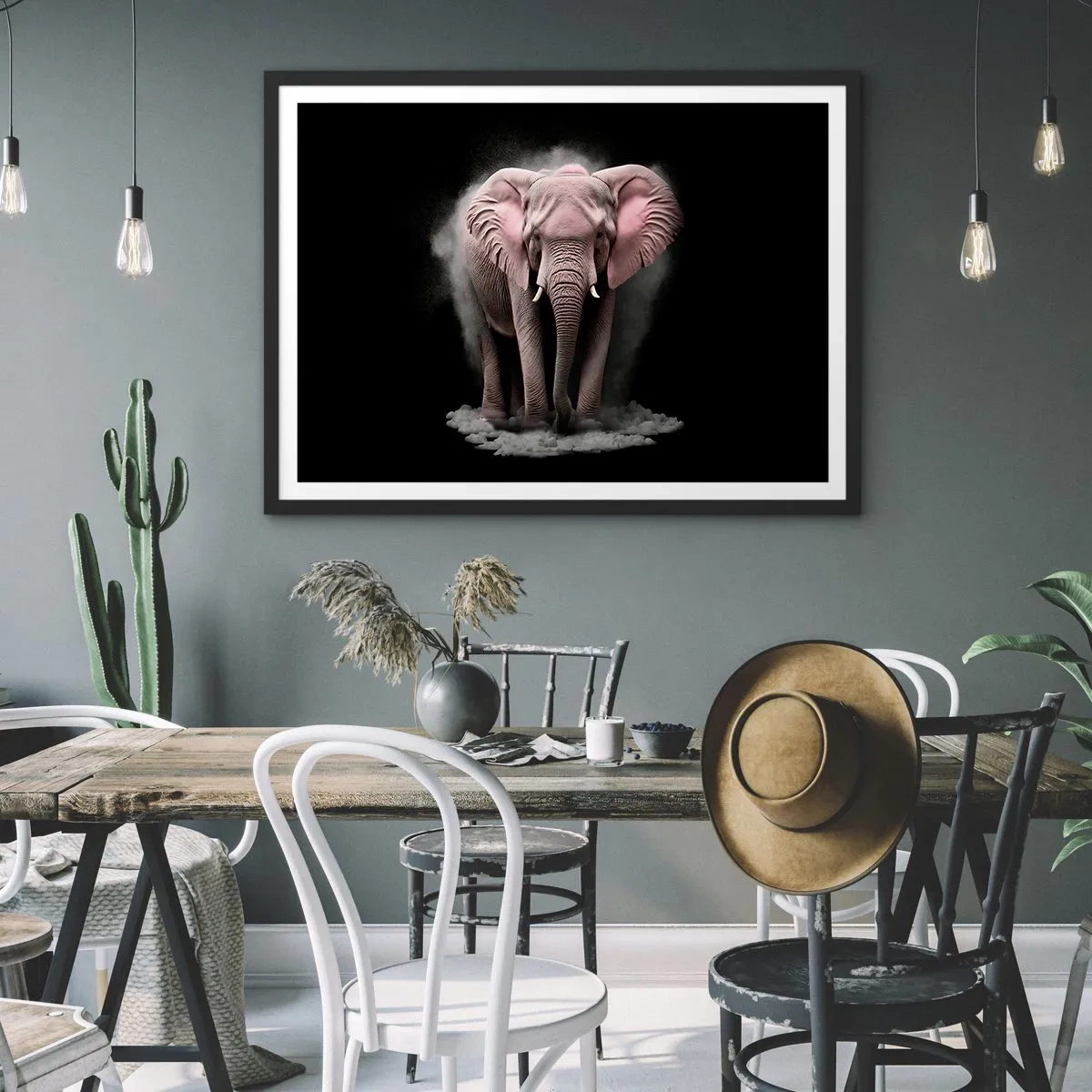 Póster en marco negro - Una interpretación artística de un elefante rosa sobre un fondo negro. - 100x70cm - El rey rosado de oriente - Decoración de pared moderna para salón y dormitorio ARTTOR