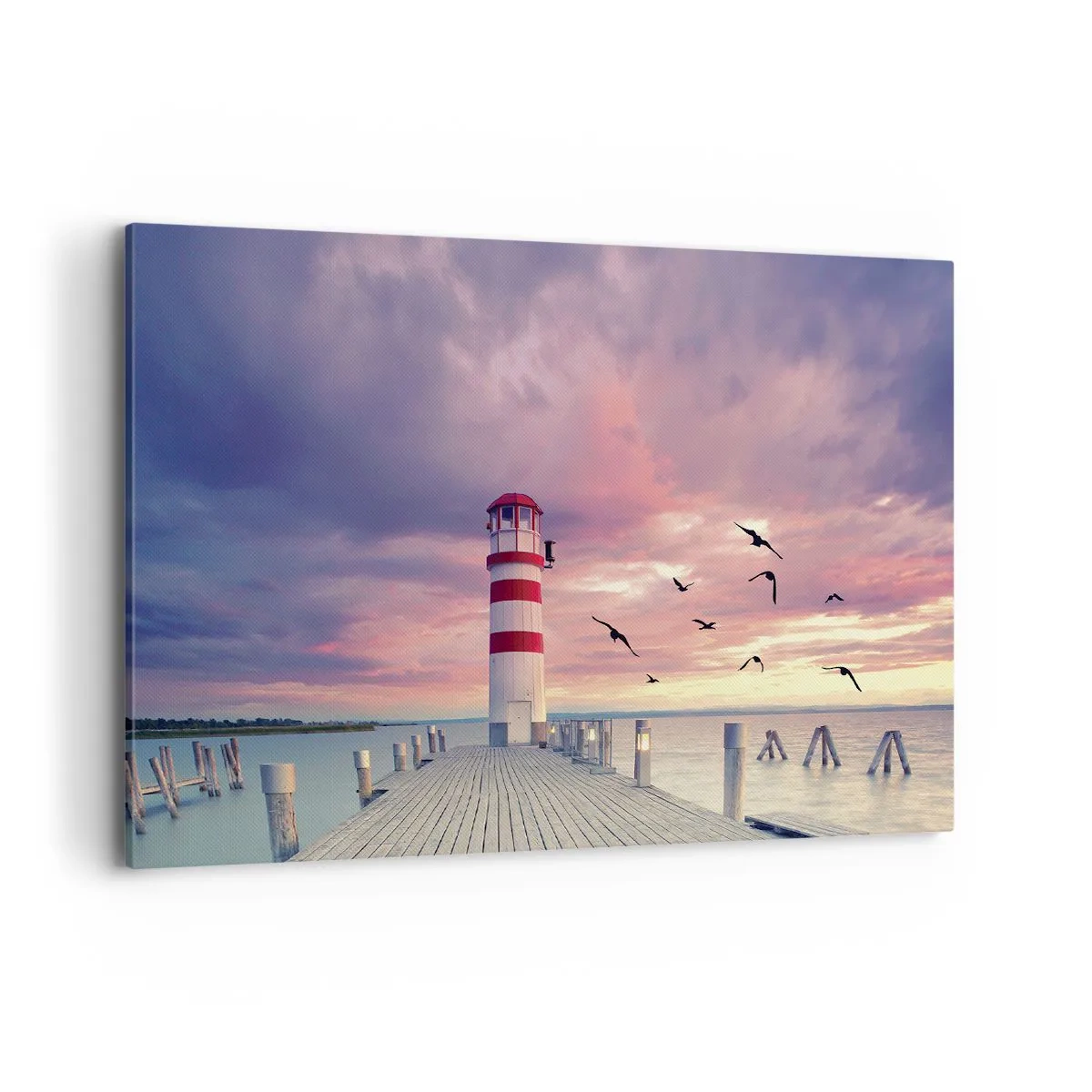 Cuadro sobre lienzo - Impresión de Imagen - Un faro en el muelle rodeado de una pintoresca puesta de sol. - 100x70cm - Hora de ir al puerto - Decoración de pared moderna para salón y dormitorio ARTTOR