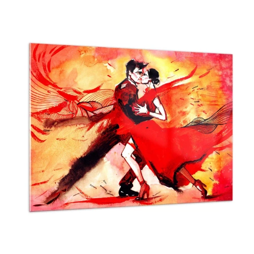 Cuadro sobre vidrio - Impresiones sobre Vidrio - Una pareja bailando en una composición roja dinámica. - 100x70cm - Ritmo púrpura de la pasión - Decoración de pared moderna para salón y dormitorio ARTTOR
