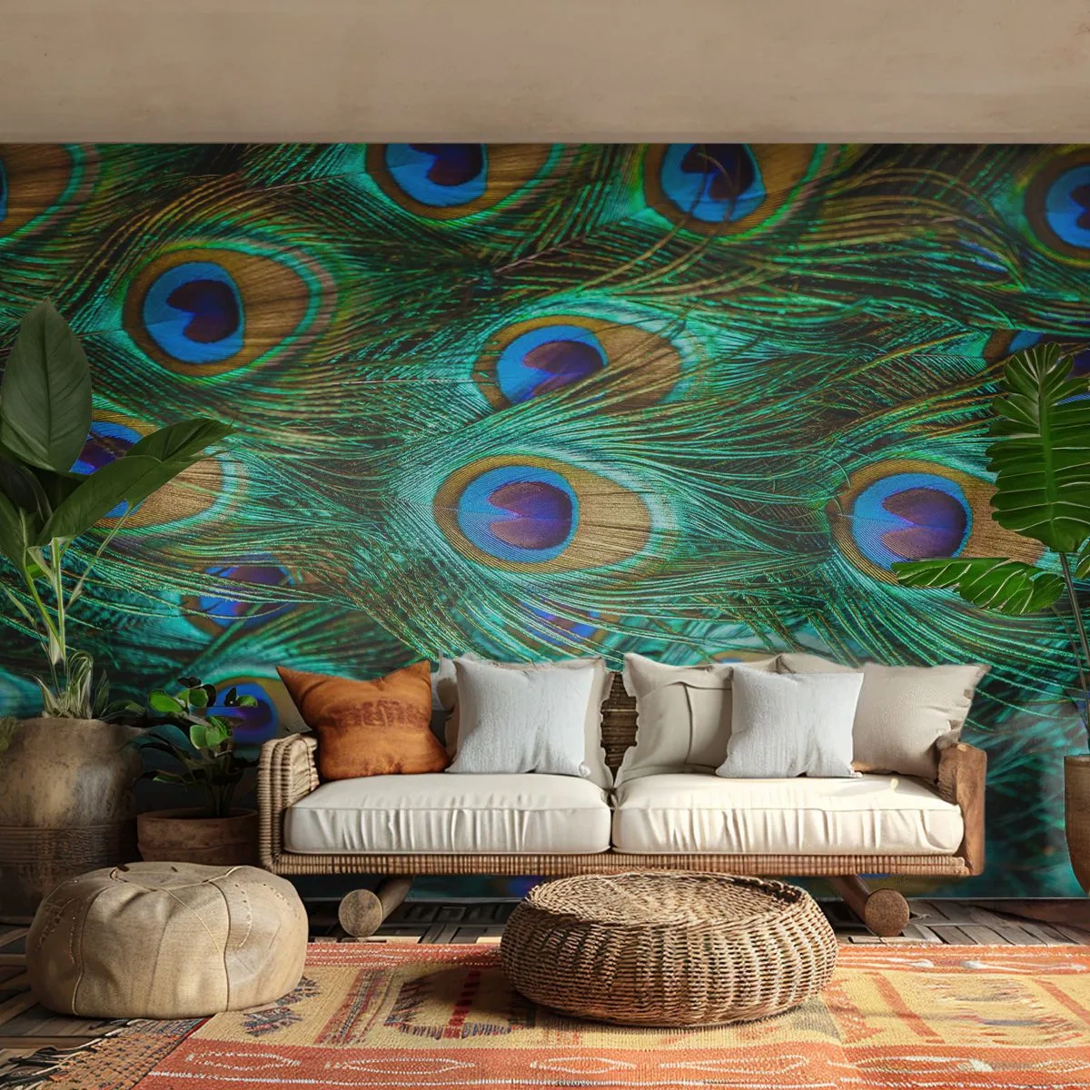 Fotomural Standard Eco - Detalle de plumas de pavo real con un patrón de ojos y colores distintivos. - 100x70cm - Mirada de pavo real - Decoración de pared moderna para salón y dormitorio ARTTOR