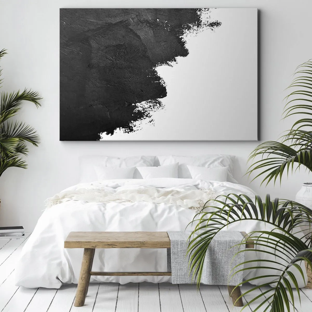 Cuadro sobre lienzo - Impresión de Imagen - Abstracción en blanco y negro con pinceladas contrastantes. - 120x80cm - Elementos: tierra - Decoración de pared moderna para salón y dormitorio ARTTOR