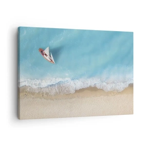 Cuadro sobre lienzo - Impresión de Imagen - Una vista de pájaro de un barco en la playa. - 70x50cm - Frontera celeste y dorada - Decoración de pared moderna para salón y dormitorio ARTTOR