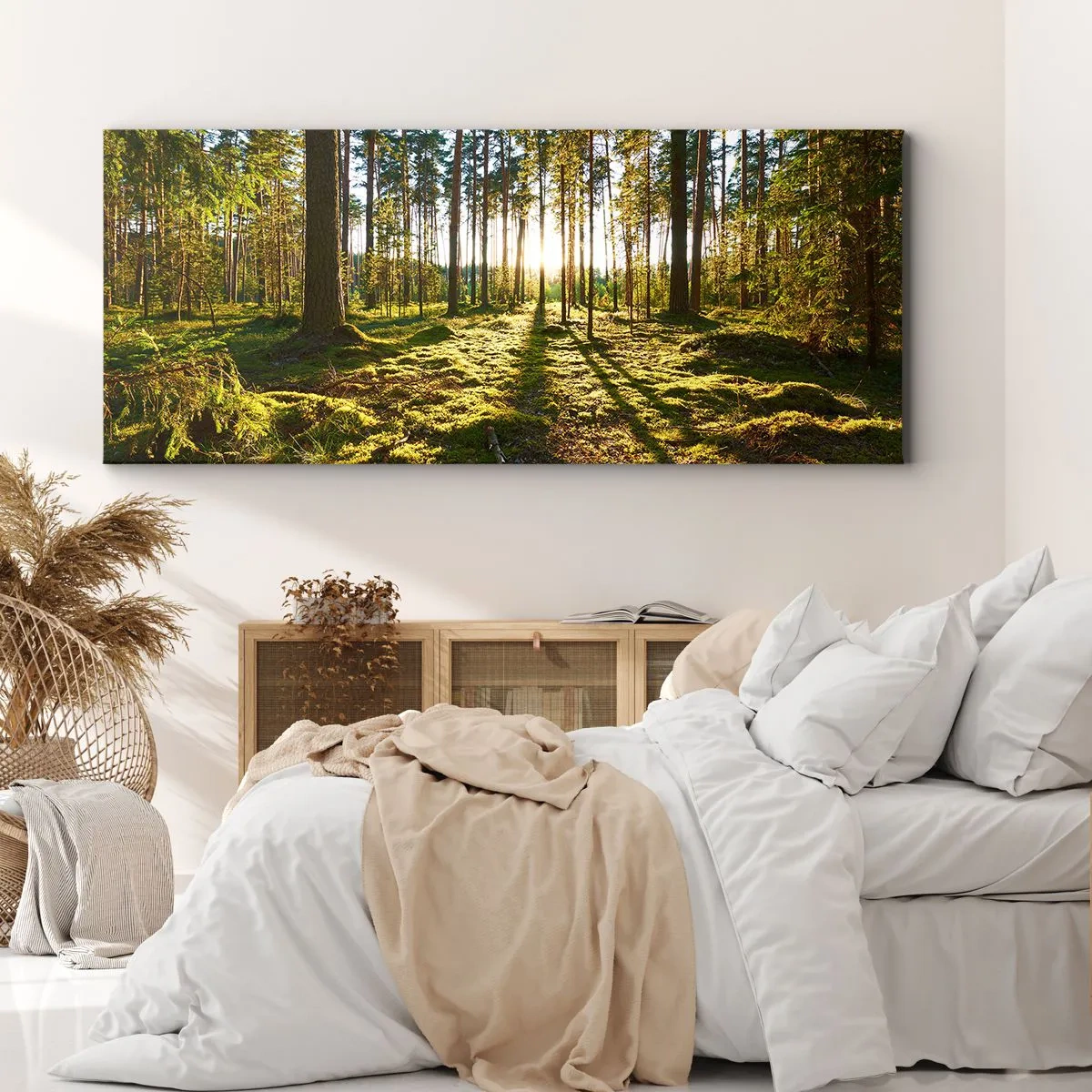 Cuadro sobre lienzo - Impresión de Imagen - Bosque verde iluminado por la luz del sol sobre el musgo. - 160x50cm - ...Más allá de los siete bosques - Decoración de pared moderna para salón y dormitorio ARTTOR