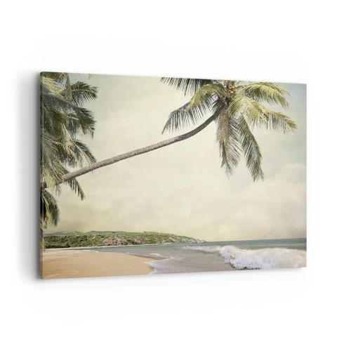 Cuadro sobre lienzo - Impresión de Imagen - Una playa con palmeras con el mar en calma como telón de fondo. - 120x80cm - Sueño tropical - Decoración de pared moderna para salón y dormitorio ARTTOR