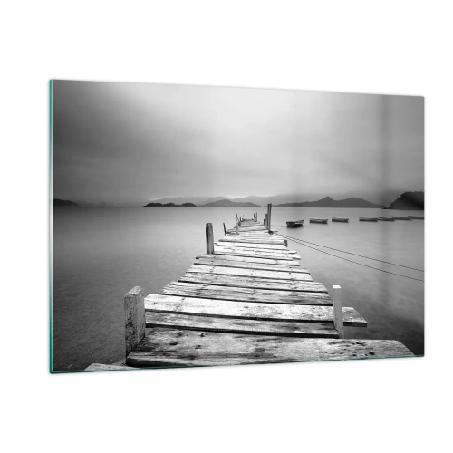 Cuadro sobre vidrio - Impresiones sobre Vidrio - Muelle de madera sobre un lago tranquilo en blanco y negro - 120x80cm - Más allá de las montañas, más allá de los mares - Decoración de pared moderna para salón y dormitorio ARTTOR