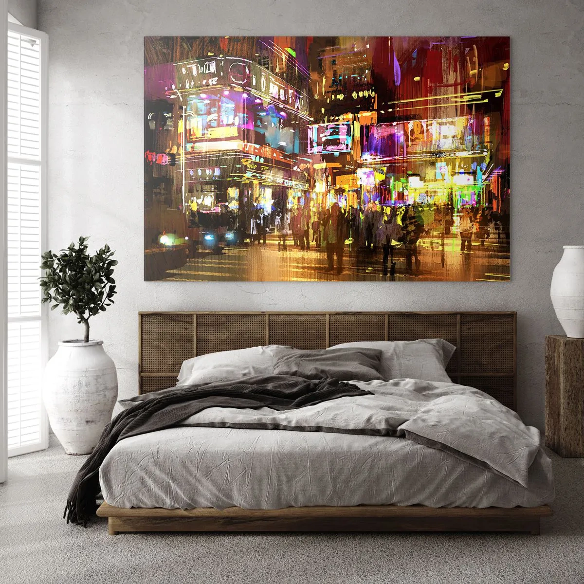 Cuadro sobre vidrio - Impresiones sobre Vidrio - Una ciudad vibrante bajo la luz de neón - 70x50cm - En un mar de luz - Decoración de pared moderna para salón y dormitorio ARTTOR