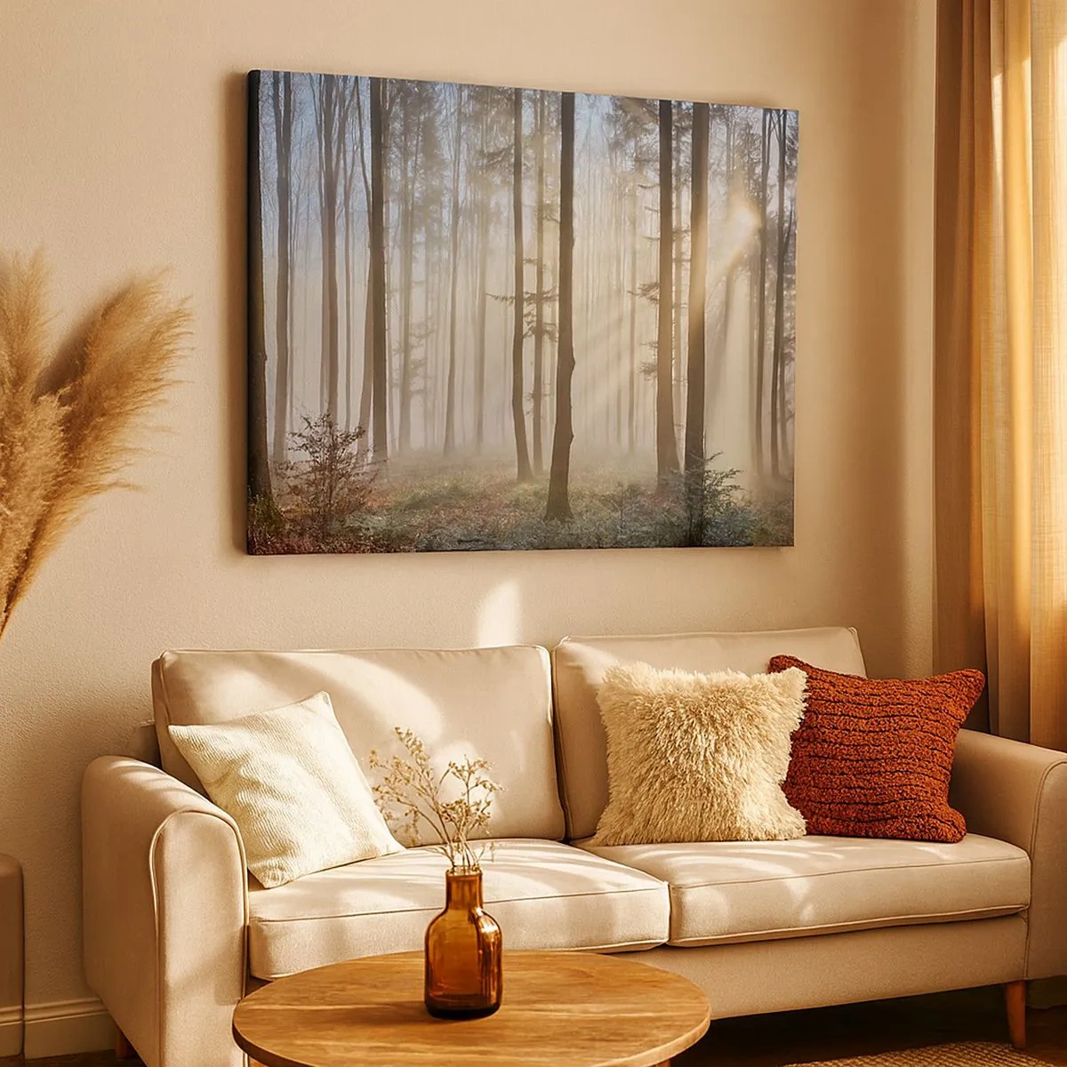 Cuadro sobre lienzo - Impresión de Imagen - Un bosque en medio de una ligera niebla con rayos de sol brillando a través de los árboles. - 70x50cm - La niebla también está despierta - Decoración de pared moderna para salón y dormitorio ARTTOR