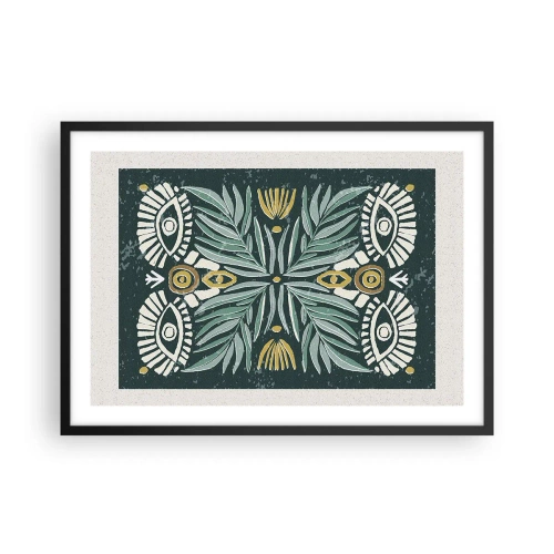 Póster en marco negro - Patrón de planta simétrica sobre un fondo verde. - 70x50cm - Como un recorte folclórico - Decoración de pared moderna para salón y dormitorio ARTTOR