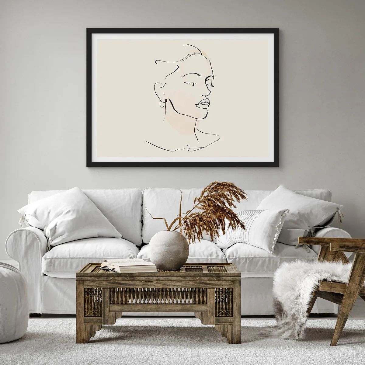 Póster en marco negro - Un delicado boceto del rostro de una mujer sobre un fondo claro. - 100x70cm - Líneas que muestran seguridad - Decoración de pared moderna para salón y dormitorio ARTTOR