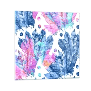 Cuadro sobre vidrio - Impresiones sobre Vidrio - Plumas de color rosa y azul - 30x30 cm