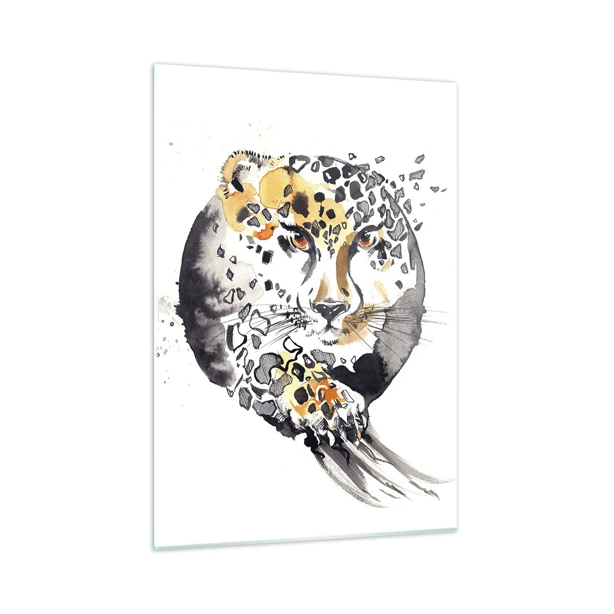 Cuadro sobre vidrio - Impresiones sobre Vidrio - Leopardo en una composición dinámica y abstracta. - 50x70cm - Belleza depredadora - Decoración de pared moderna para salón y dormitorio ARTTOR