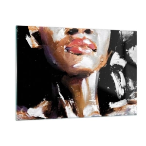 Cuadro sobre vidrio - Impresiones sobre Vidrio - Primer plano de un retrato colorido de una mujer en un estilo expresivo. - 120x80cm - Orgullo sin prejuicios - Decoración de pared moderna para salón y dormitorio ARTTOR