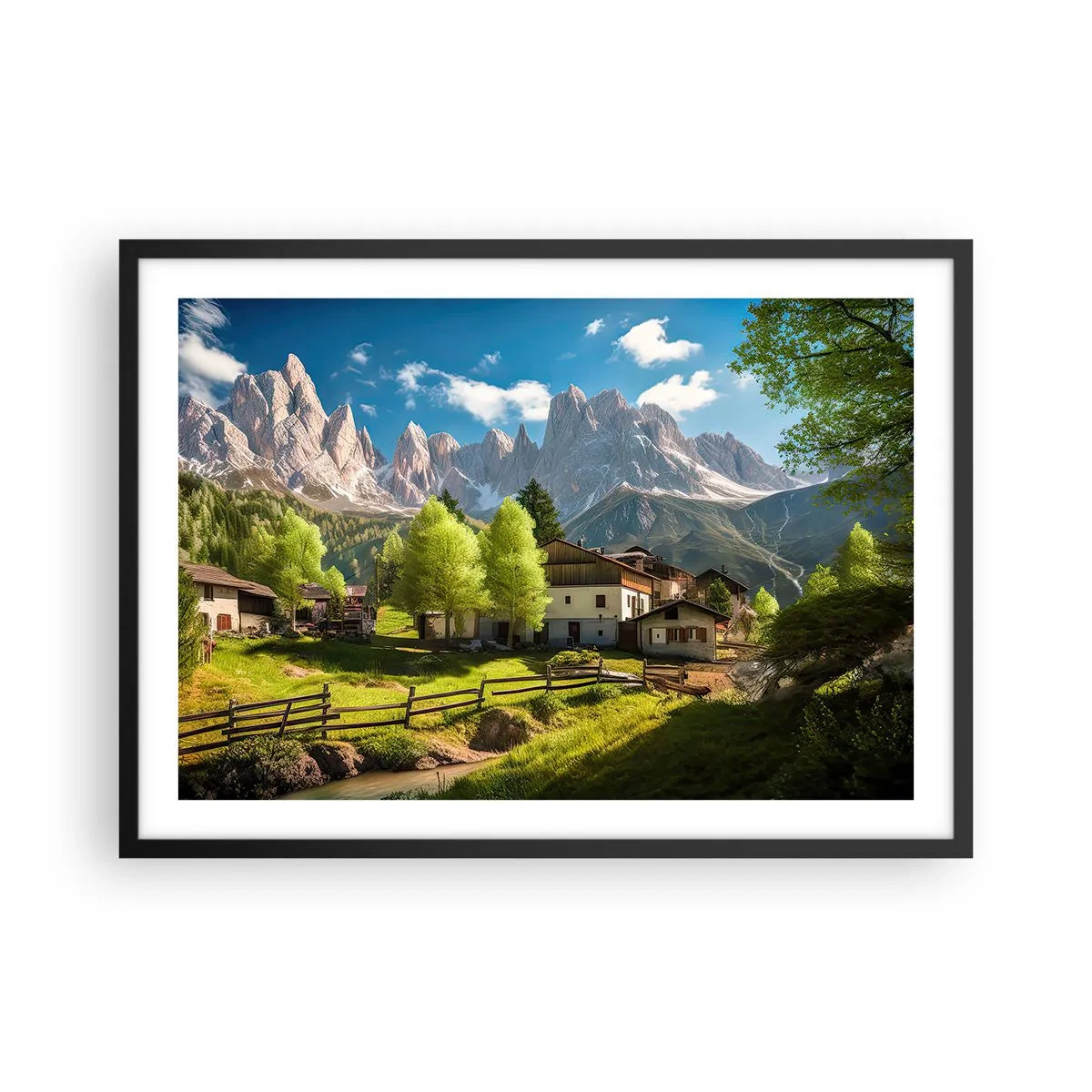 Póster en marco negro - Un pueblo de montaña con casas y vistas a los Alpes. - 70x50cm - Idilio alpino - Decoración de pared moderna para salón y dormitorio ARTTOR