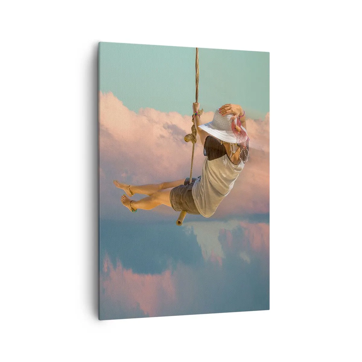 Cuadro sobre lienzo - Impresión de Imagen - Mujer en un columpio entre nubes rosas - 70x100cm - Jugando en las nubes - Decoración de pared moderna para salón y dormitorio ARTTOR