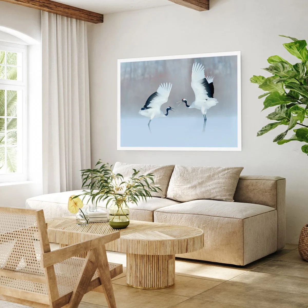 Póster - Dos grullas bailando en un paisaje brumoso - 100x70cm - Danza en la niebla - Decoración de pared moderna para salón y dormitorio ARTTOR