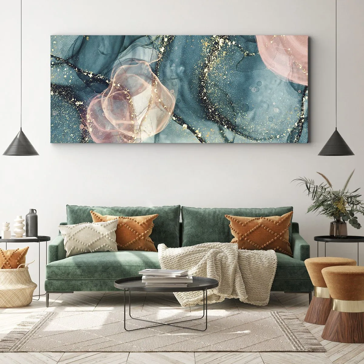 Cuadro sobre lienzo - Impresión de Imagen - Seda azul, tul rosa - 100x40 cm