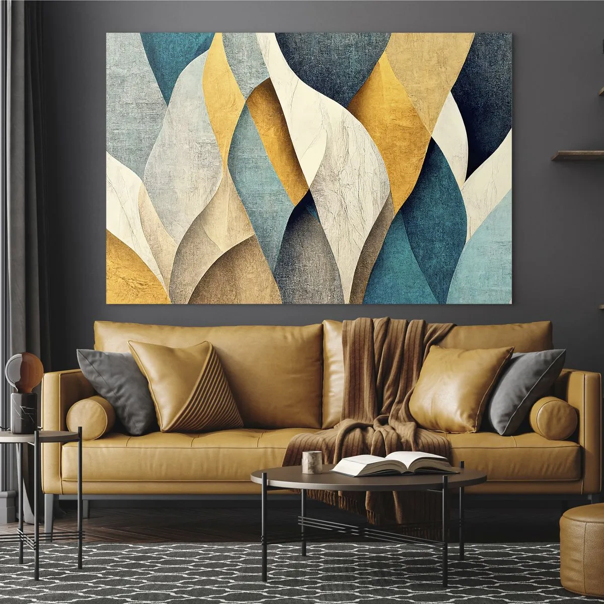 Cuadro sobre vidrio - Impresiones sobre Vidrio - Formas abstractas en tonos amarillos y azules. - 120x80cm - Ritmo y ondulación - Decoración de pared moderna para salón y dormitorio ARTTOR
