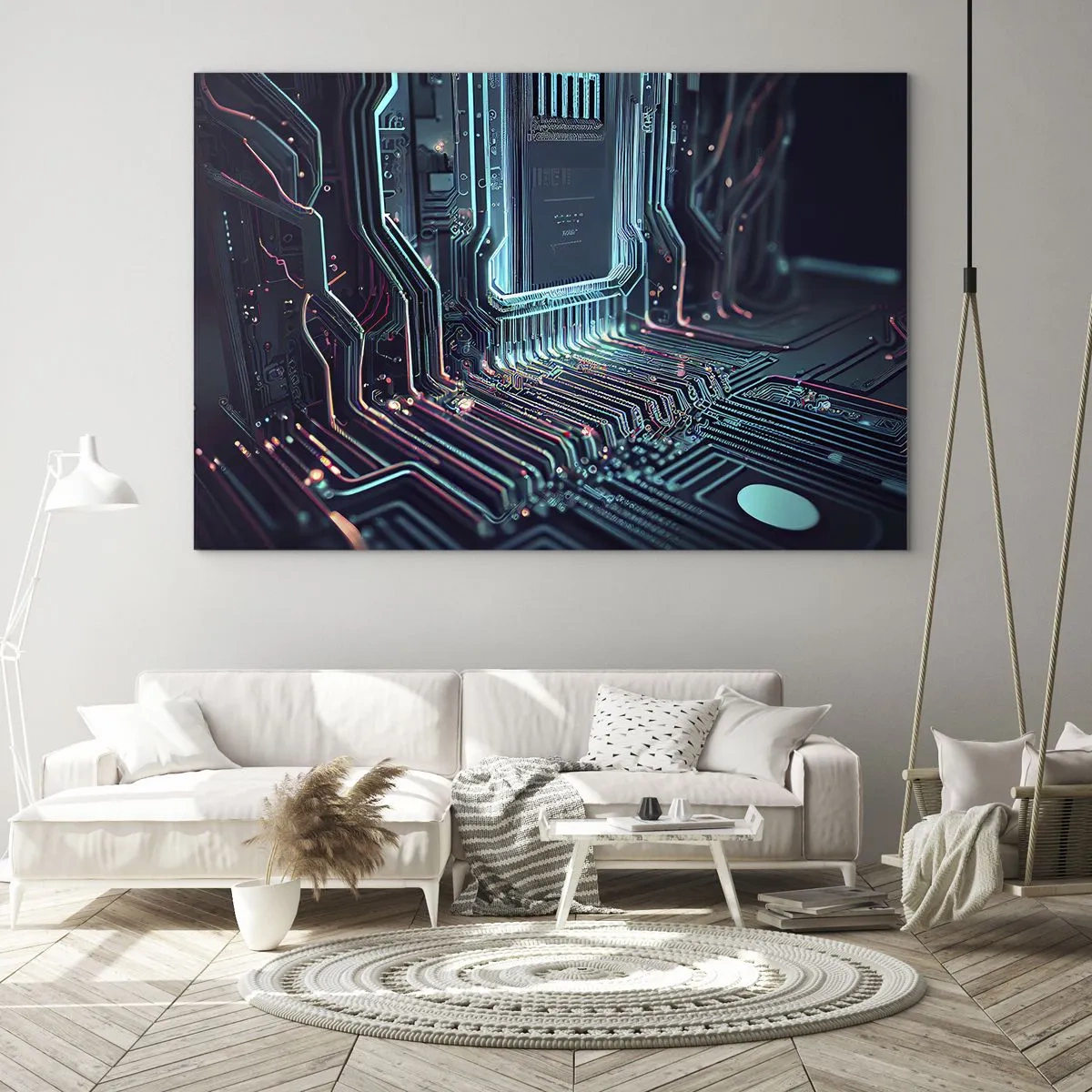 Cuadro sobre vidrio - Impresiones sobre Vidrio - Visualización de neón de las trazas del procesador sobre un fondo negro - 120x80cm - Mi forma de pensar - Decoración de pared moderna para salón y dormitorio ARTTOR