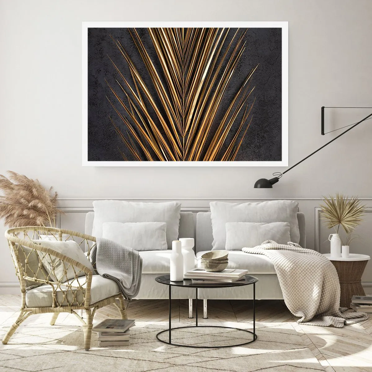 Póster - Hoja tropical dorada sobre fondo negro - 100x70cm - El oro de los trópicos - Decoración de pared moderna para salón y dormitorio ARTTOR