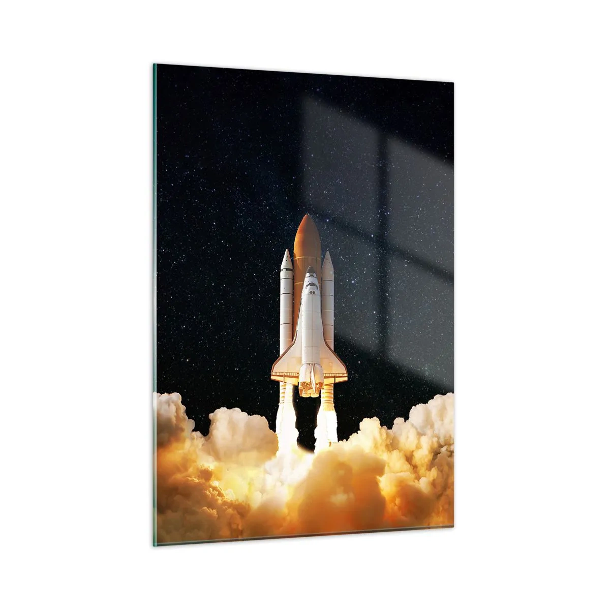 Cuadro sobre vidrio - Impresiones sobre Vidrio - Un transbordador espacial despegando contra un cielo estrellado. - 50x70cm - ¡Ad astra! - Decoración de pared moderna para salón y dormitorio ARTTOR