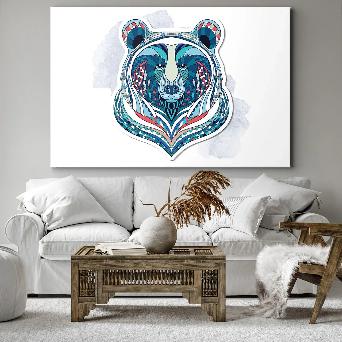 Cuadro sobre lienzo - Impresión de Imagen - Oso geométrico en tonos azules y rojos. - 100x70cm - ¡Viva Groenlandia! - Decoración de pared moderna para salón y dormitorio ARTTOR